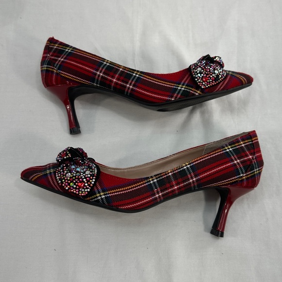 Betsey Johnson Red Tartan Plaid Lexie Kitten Heels Rhinestone Bows Shoes Sz 6m - Picture 6 of 13